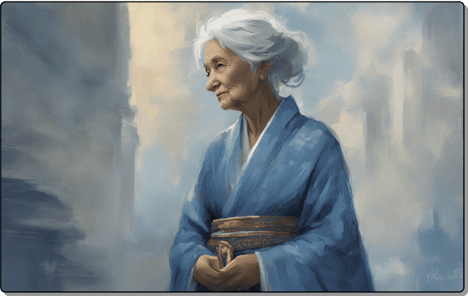Albus, image generation, wise old woman by a waterfall